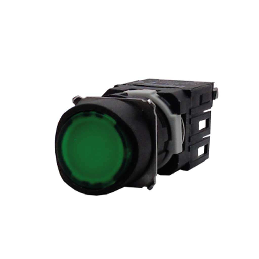 D100YDY — BOTON PULSADOR 16mm, NO ILUMINADO VERDE, RASANTE MOMENATNEO RESTADO NDO, INCLUYE 1CON NA (MAXIMO 2 CONTACTOS) 