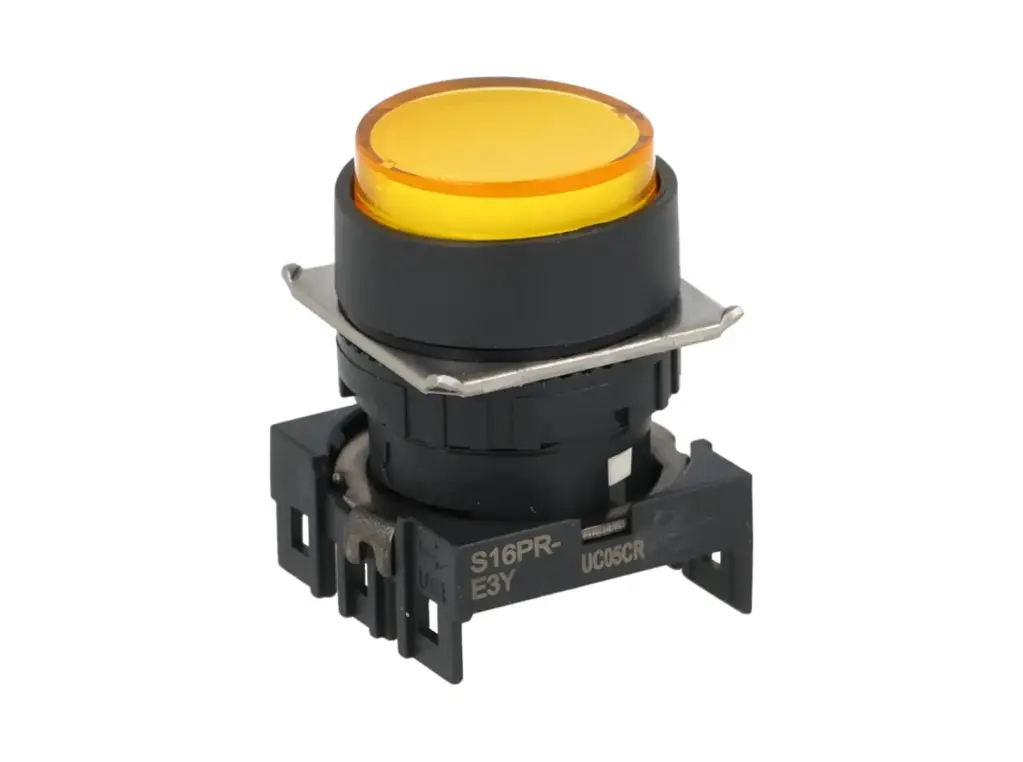 S16PR-E3Y — BOTON PULSADOR AMARILLO 16mm, MOMENTANEO, ILUMINADO, REDONDO SALIENTE