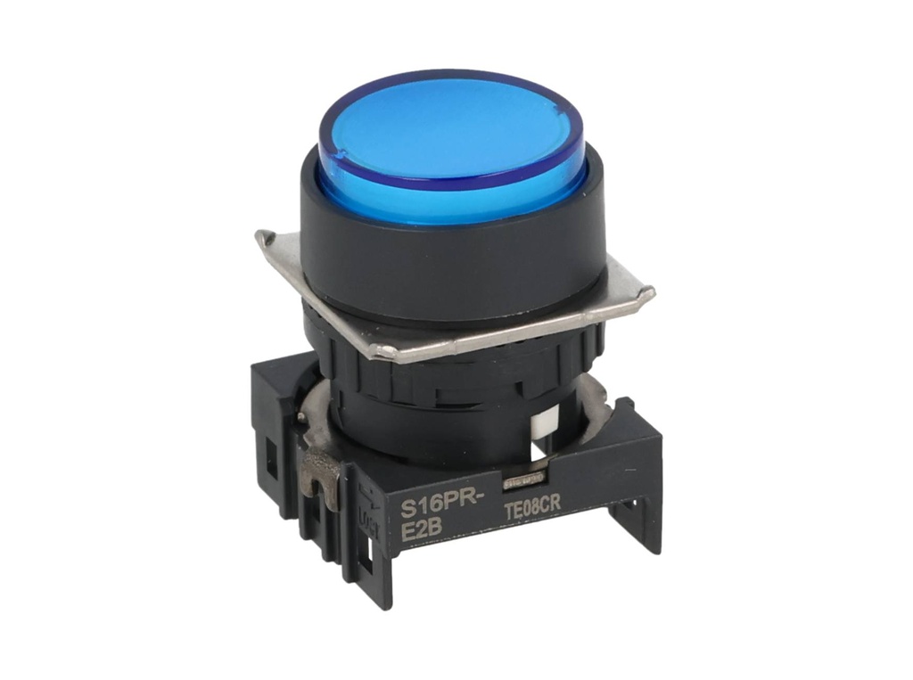 S16PR-E2B — BOTON PULSADOR AZUL 16mm, MANTENIDO, NO ILUMINADO, REDONDO SALIENTE