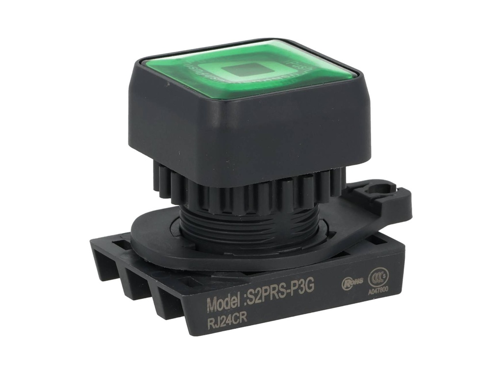 S2PRS-P3G — BOTON PULSADOR CUADRADO LED VERDE, 1A, 22mm