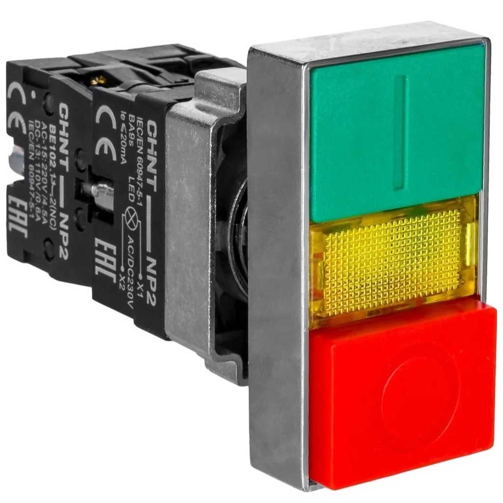 NP2-BL8425L — BOTON PULSADOR DOBLE CON LED, ROJO/VERDE1NA+1NC 22mm METALICO *NO SON A PRUEBA DE EXPLOSION*