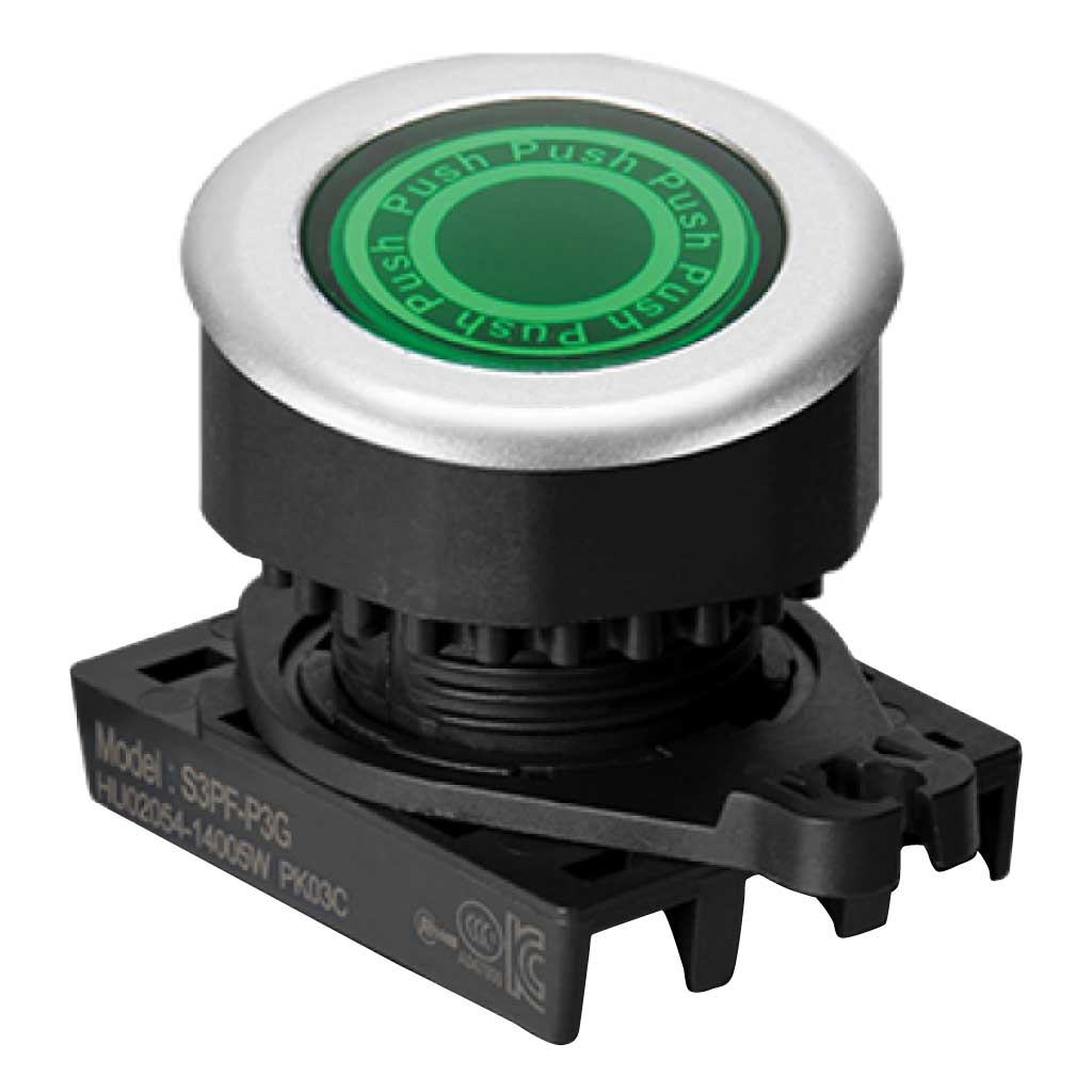 S3PF-P3G — BOTON PULSADOR RASANTE LED VERDE 30MM