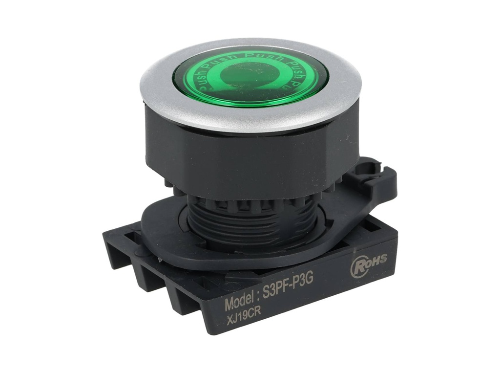 S3PF-P3G — BOTON PULSADOR RASANTE LED VERDE 30MM