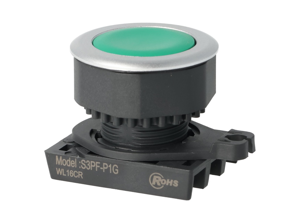 S3PF-P1G — BOTON PULSADOR RASANTE VERDE, 1A, 30mm, 110VCA/10A, 250VCA/6A