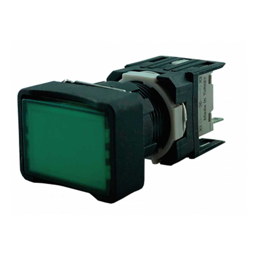 D090DDY — BOTON PULSADOR RECTANGULAR VERDE 16mm, 24VCA/CD RASANTE MOMENTANEO ILUMINADO CON LED, MAXIMO 2 CONTACTOS