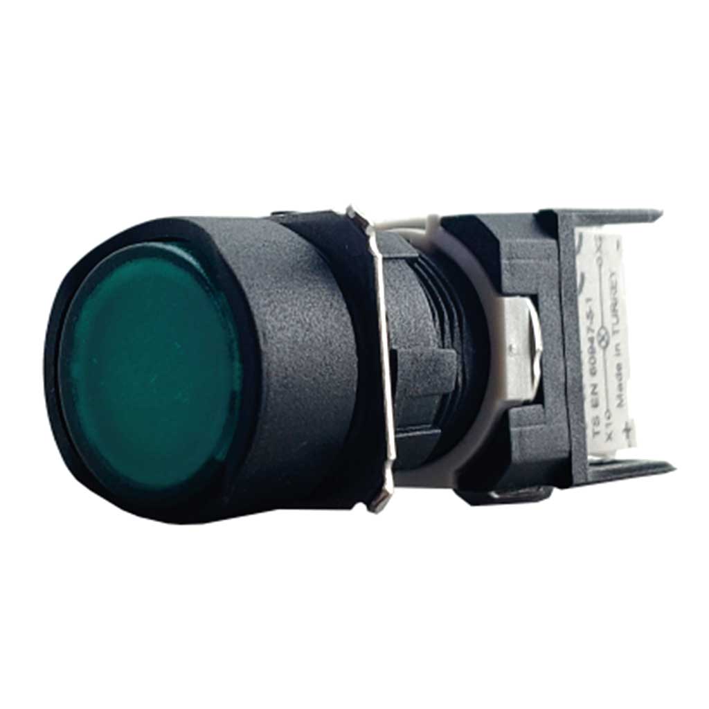 D090YDY — BOTON PULSADOR REDONDO VERDE 16mm, 24VCA/CD, RASANTE MOMENTANEO ILUMINADO CON LED, MAXIMO 2 CONTACTOS