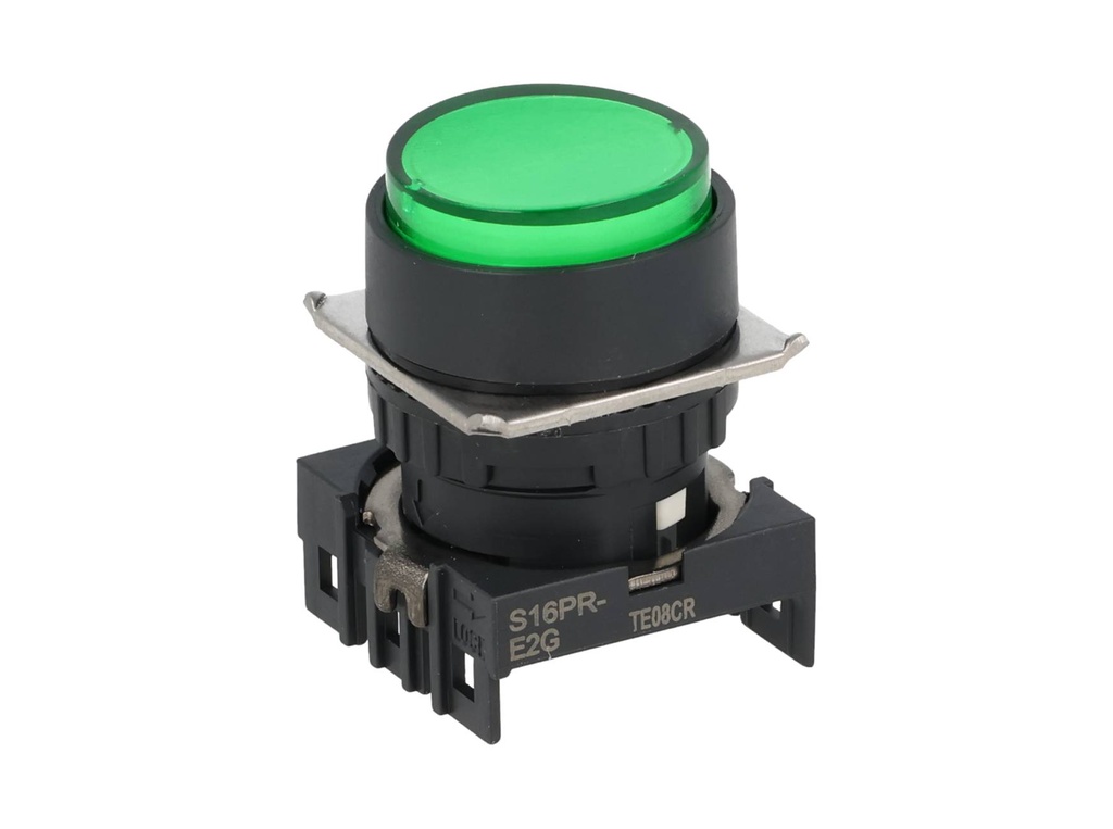 S16PR-E2G — BOTON PULSADOR VERDE 16mm, MANTENIDO, NO ILUMINADO, REDONDO SALIENTE 