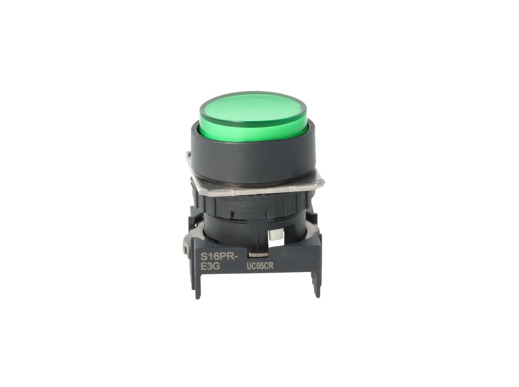 S16PR-E3G — BOTON PULSADOR VERDE 16mm, MOMENTANEO ILUMINADO, REDONDO SALIENTE