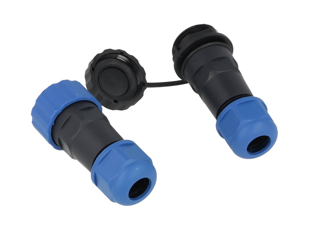 TP-SP20-S12P — CONECTORES EXTENSION/RECTO (PAR) 12PIN, IMPERMEABLES IP68, 5A/250VCA, DIAMETRO DE BARRENO 20mm, PIN COBRE CHAPEADO EN DORADO/PLATEADO