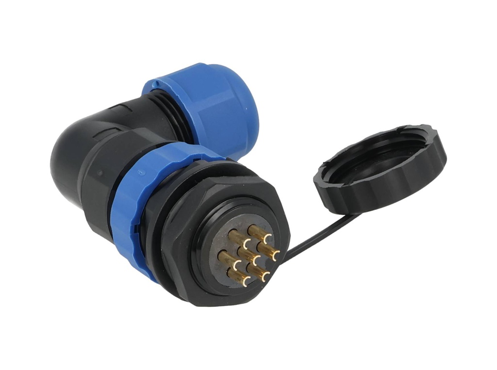 TP-SP20-AP7P — CONECTORES PANEL/ANGULO (PAR) 7PIN, IMPERMEABLES, IP68, 10A/250VCA, DIAMETRO DE BARRENO 20mm, PIN COBRE CHAPEADO EN DORADO/PLATEADO