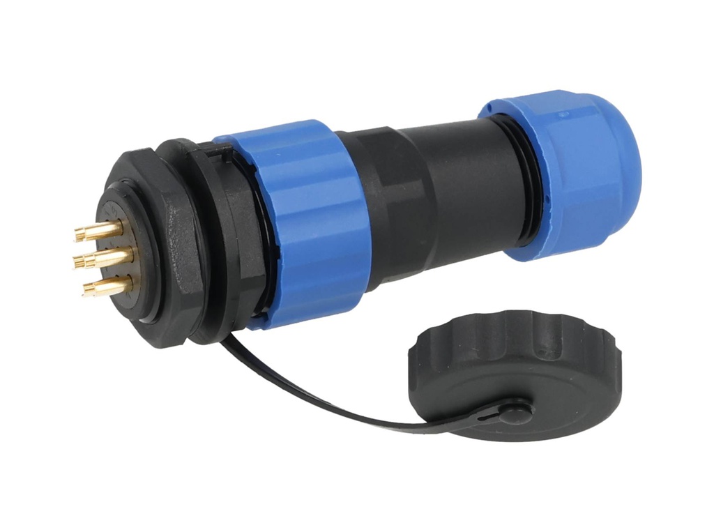 TP-SP20-SP7P — CONECTORES PANEL/RECTO (PAR) 7PIN, IMPERMEABLES IP68, 10A/250VCA, DIAMETRO DE BARRENO 20mm, PIN COBRE CHAPEADO EN DORADO/PLATEADO