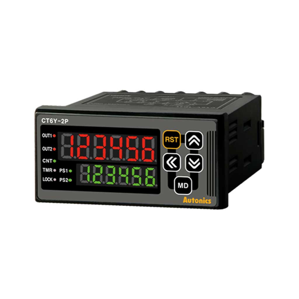 CT6Y-2P4 — CONTADOR TIMER, 72X36mm, 6D, 2 PRESET, 2 RELAY, 1 SALIDA NPN, 100-240VCA