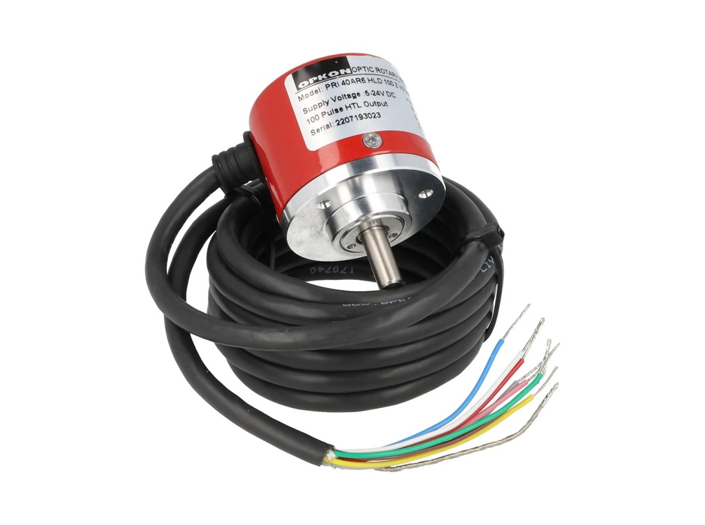 PRI40-100 — ENCODER INCREMENTAL F6mm, 100PPR, D40mm, SALIDA LINEAR DRIVER, ALIMENTACION 5-24VCD, SALIDAS A, B, Z, y ABZ INVERTIDAS, CUERPO ALUMINIO, CABLE 2.5 METROS 