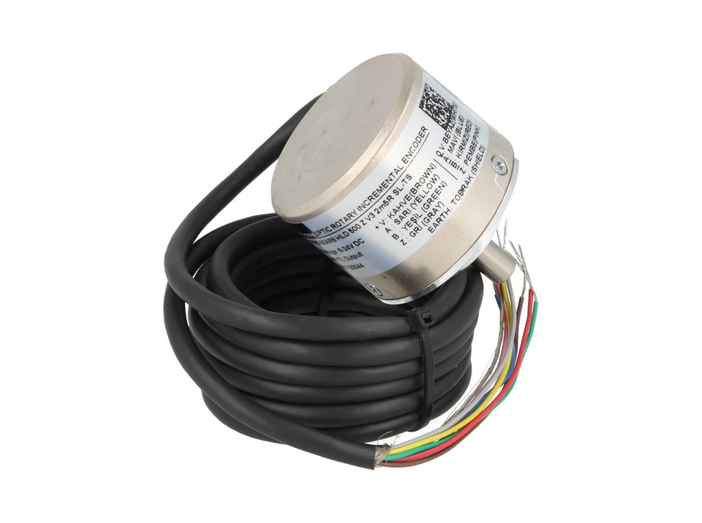 PRID50-500 — ENCODER INCREMENTAL F8mm, 500PPR, D50mm, SALIDA LINEAR DRIVER, ALIMENTACION 5-24VCD, SALIDAS A, B, Z Y ABZ INVERTIDAS, CUERPO ALUMINIO, CABLE 2.5 METROS 