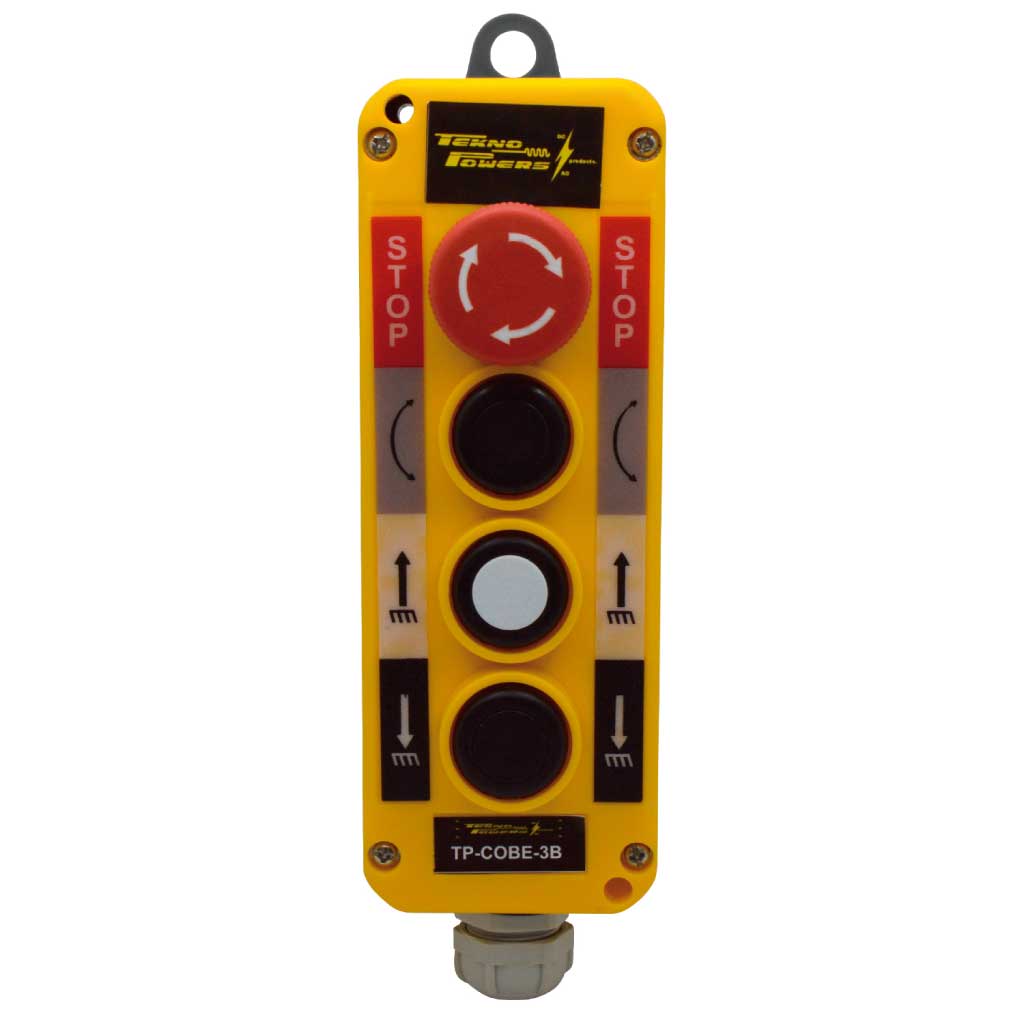 TP-COBE-3B — ESTACION COLGANTE DE BOTONES, 3NA + 1NC, PULSADOR DE EMERGENCIA, 10 (6) A/400V, 1 BLANCO, 2 NEGROS, 10A/660VAC *NO SON A PORUEBA DE EXPLOSION*