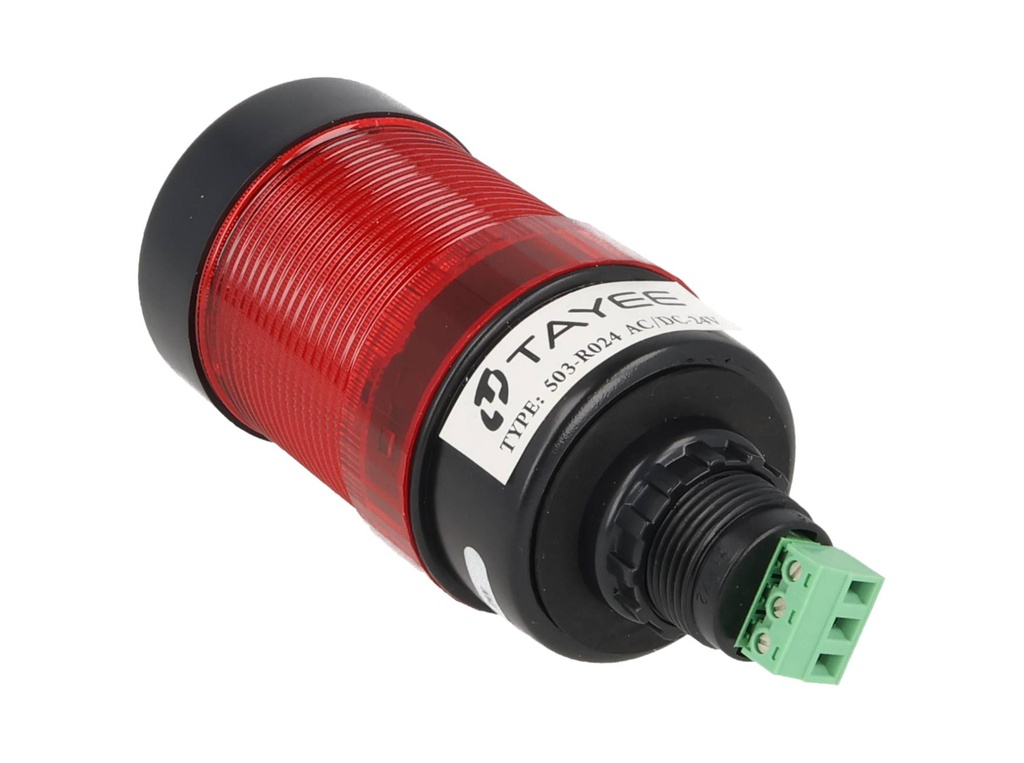 503-R024 — FAROLA ROTATIVA LED ROJO 50mm 24VCA/CD CON BUZZER 80DB BARRENO BASE 22mm