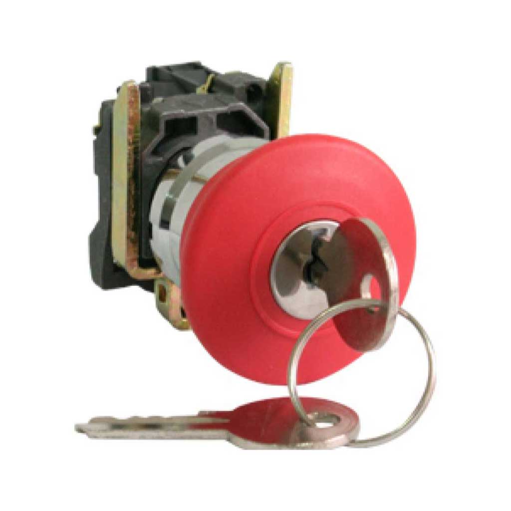 BS142 — HONGO FIJO 40mm ROJO CON LLAVE, 22mm, 1NC 10A/400VCA, 6A/250VCA, BASE METALICA *NO SON A PRUEBA DE EXPLOSION*