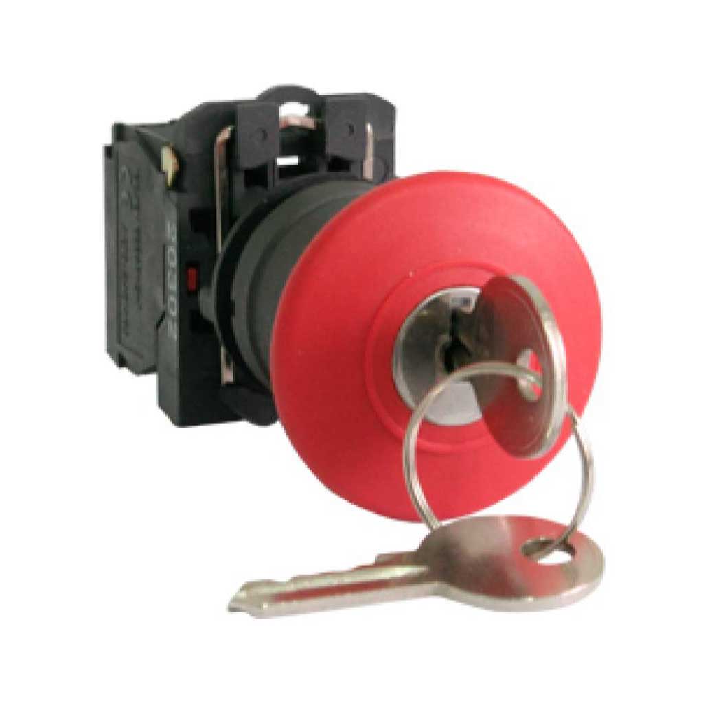 ES142 — HONGO FIJO 40mm ROJO CON LLAVE, 22mm, 1NC, 10AMP./400VCA, 6A/25VCA, BASE PLASTICA *NO SON A PRUEBA DE EXPLOSION*