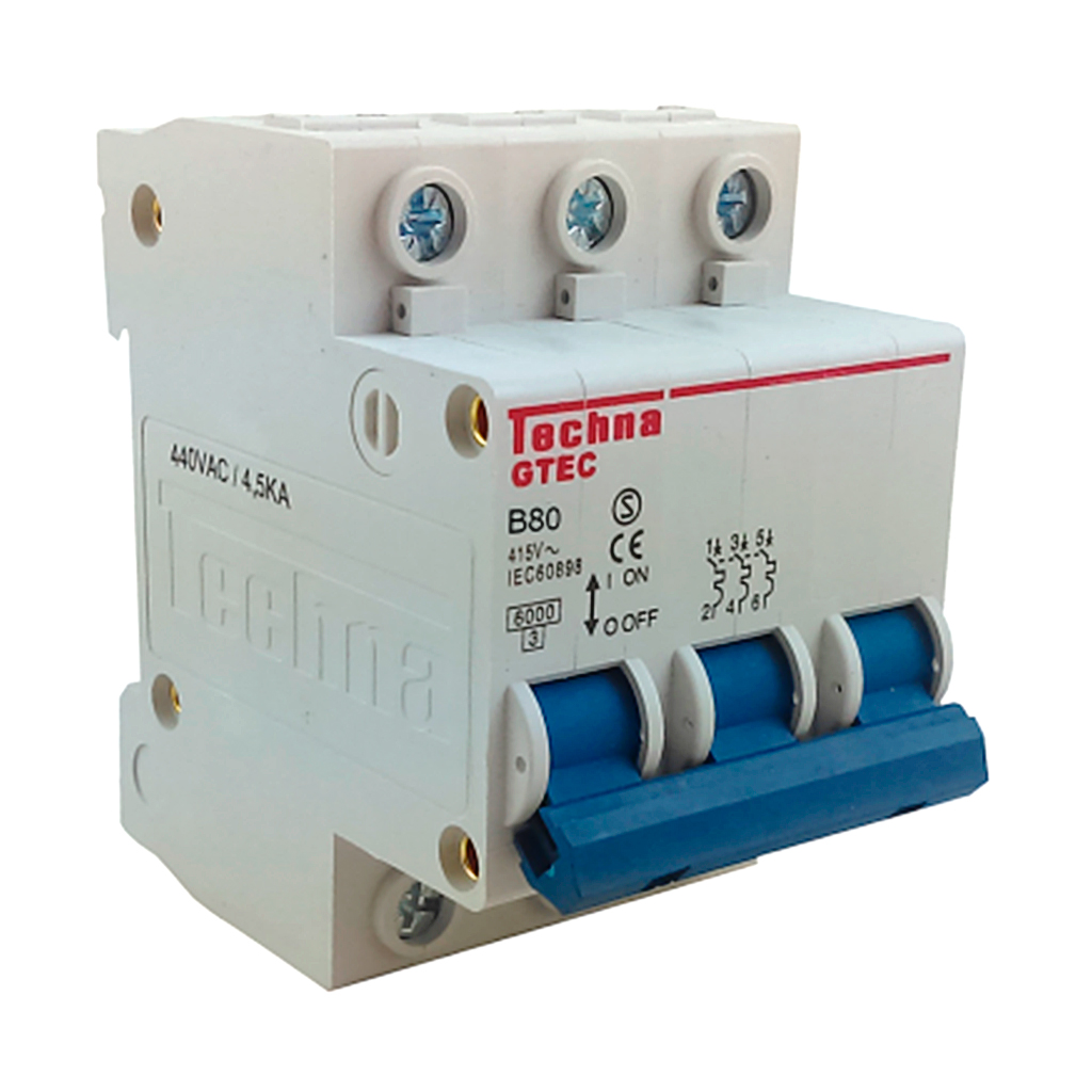 3B80 — INTERRUPTOR MINIATURA 3P 80AMP 440VCA PARA RIEL CURVA B