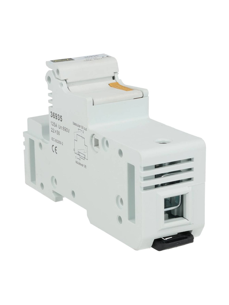RT18-125A — PORTAFUSIBLE 125A /690V, PARA FUSIBLE 22X58mm, RIEL DIN (CON BLOQUEO DE SEGURIDAD) 