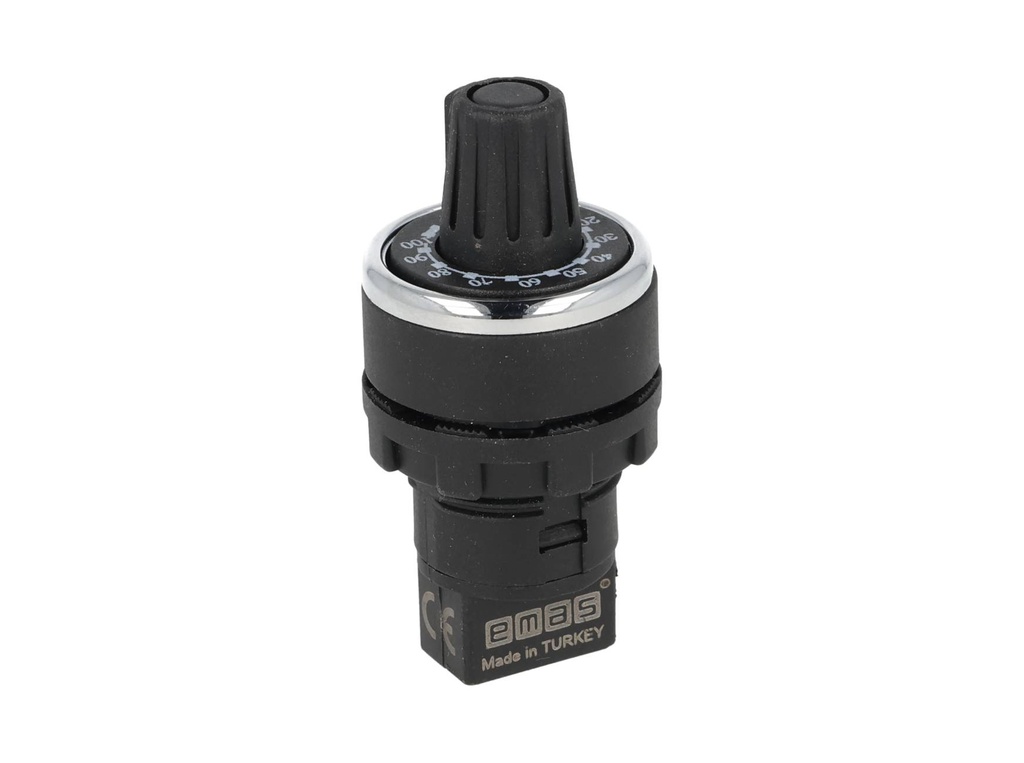 BPR01K — POTENCIOMETRO 22mm 1K OHMS 1.5WATTS CON PERILLA GRADUADA, TOLERANCIA 10%, RESISTENCIA DE AISLAMIENTO MIN 10M OHMS (500VCD) 38.70MA