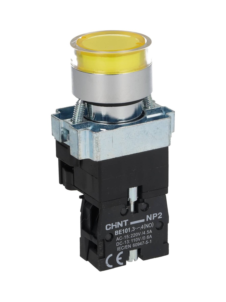 NP2-BW3561Y — PULSADOR METALICO 2 TORNILLOS UL LED AMARILLO, NA 230V BASE METALICA ø22mm IP40 *NO SON A PRUEBA DE EXPLOSION*