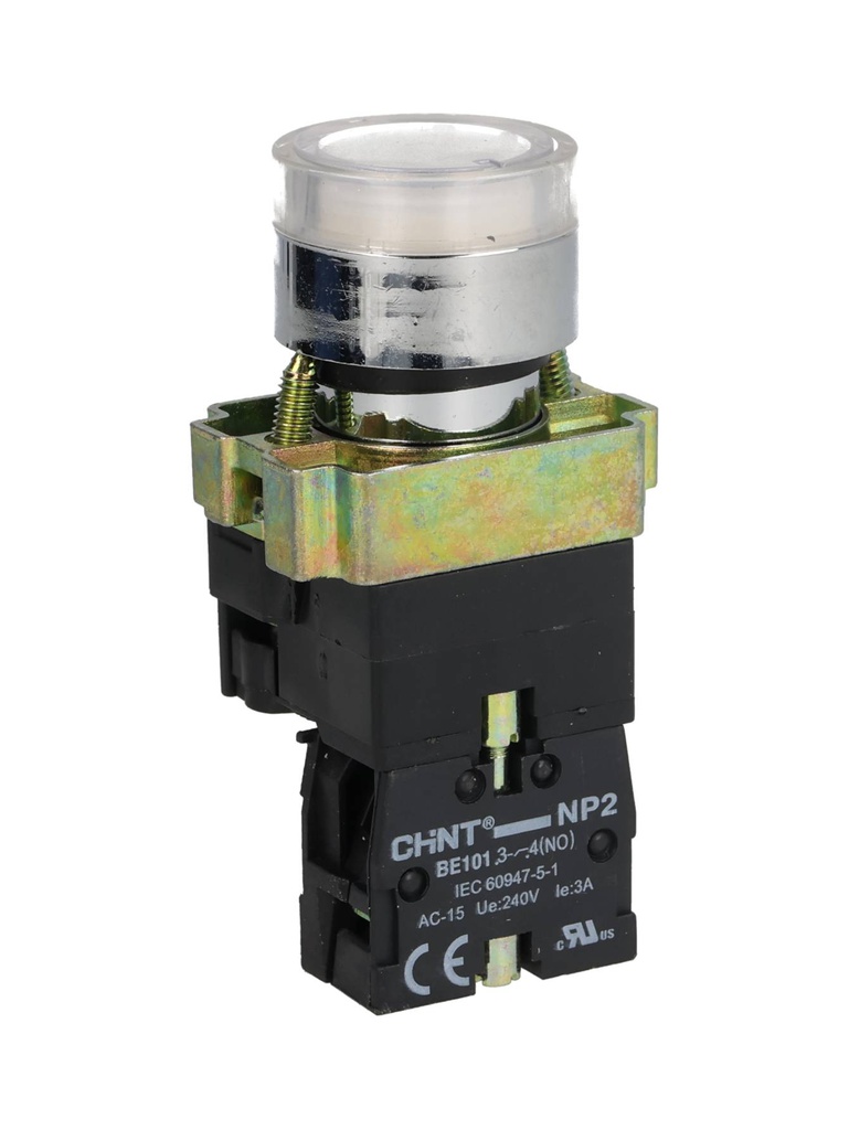 NP2-BW3161W — PULSADOR METALICO 2 TORNILLOS UL LED BLANCO, NA 230V BASE METALICA ø22mm *NO SON A PRUEBA DE EXPLOSION*