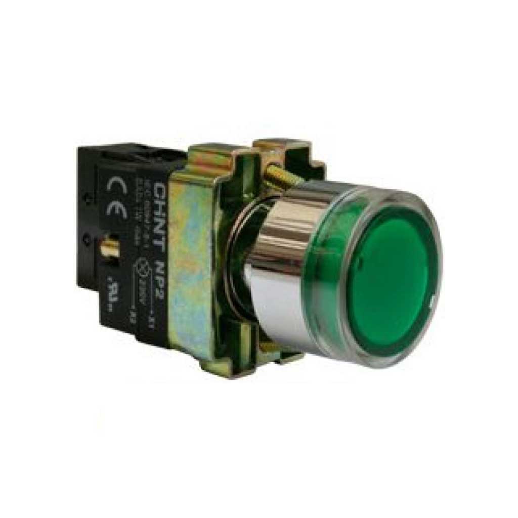 NP2-BW3462G — PULSADOR METALICO 2 TORNILLOS UL LED VERDE, NA 230V BASE METALICA ø22mm IP40 *NO SON A PRUEBA DE EXPLOSION*