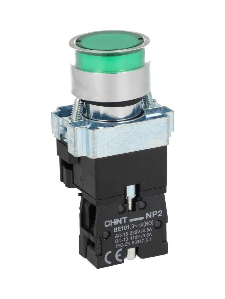 NP2-BW3462G — PULSADOR METALICO 2 TORNILLOS UL LED VERDE, NA 230V BASE METALICA ø22mm IP40 *NO SON A PRUEBA DE EXPLOSION*