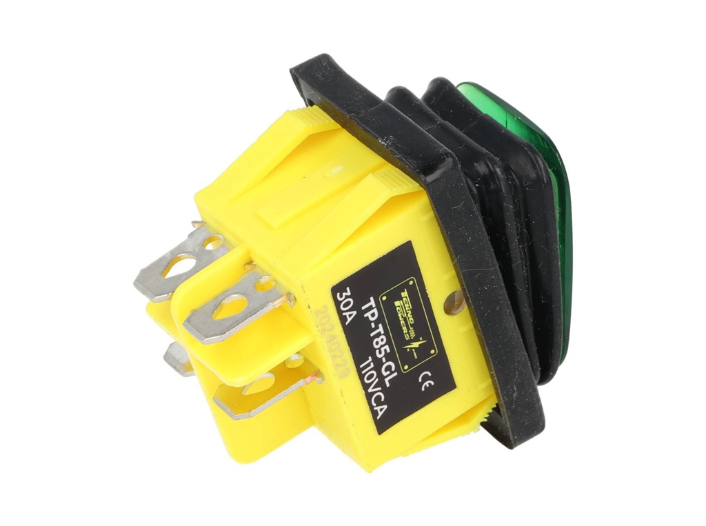 TP-T85-GL — SWITCH ILUMINADO VERDE 2P1T, LED 110VCA30A/250VCA, IP67, SELLADO, 30X22mm