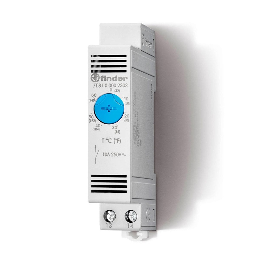 7T8100002303 — TERMOSTATO 0-60°C 1 NA 10A MONTAJE RIEL DIN 110/220VCA
