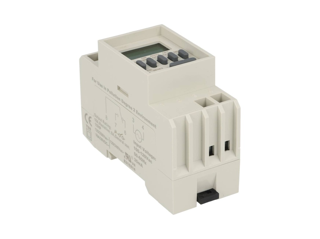 TP-TM848-1 — TIMER D SEMANAL, 120VCA, 8/ON-8/OFF 1CON 16AMP./AC1, 3AMP./AC2, BAT.RESP.36H, DIN RIEL