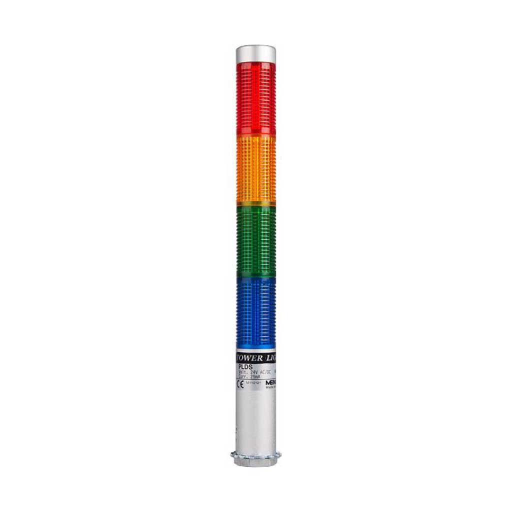 PLDSF-402-RYGB — TORRETA IND CON LED 25mm FLASH 24VCA/CD ROJO/AMARILLO/VERDE/AZUL POSTE 65mm