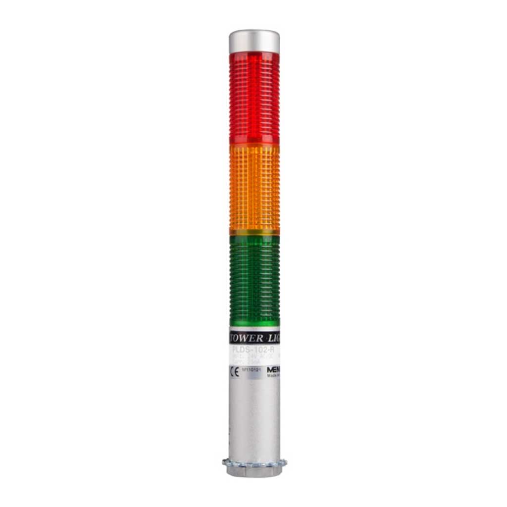 PLDSF-302-RYG — TORRETA IND CON LED 25mm FLASH 24VCA/CD ROJO/AMARILLO/VERDE POSTE 65mm