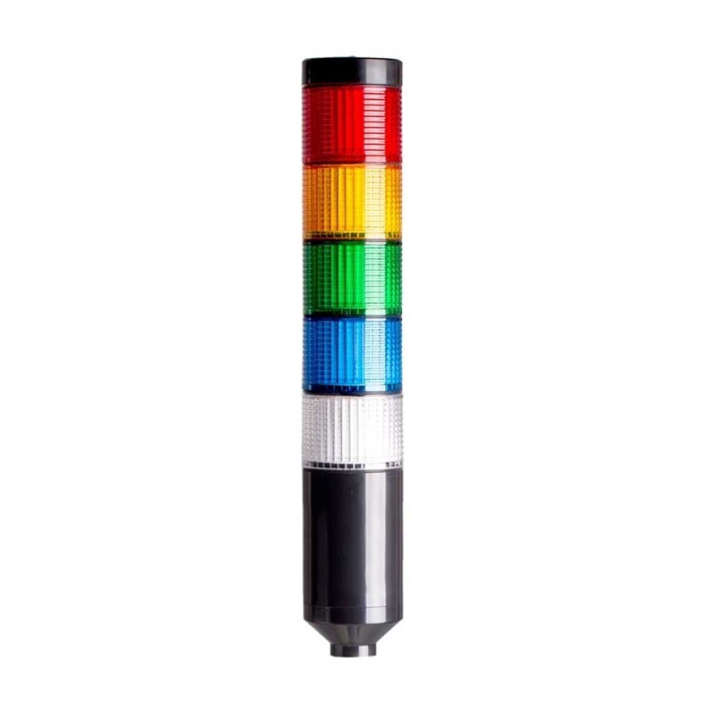 PTE-SC502-RYGBCB — TORRETA INDUSTRIAL 5 COLORES ROJO, AMARILLO, VERDE, AZUL, CLARO 24VCA/CD, CUERPO NEGRO ESTABLE.