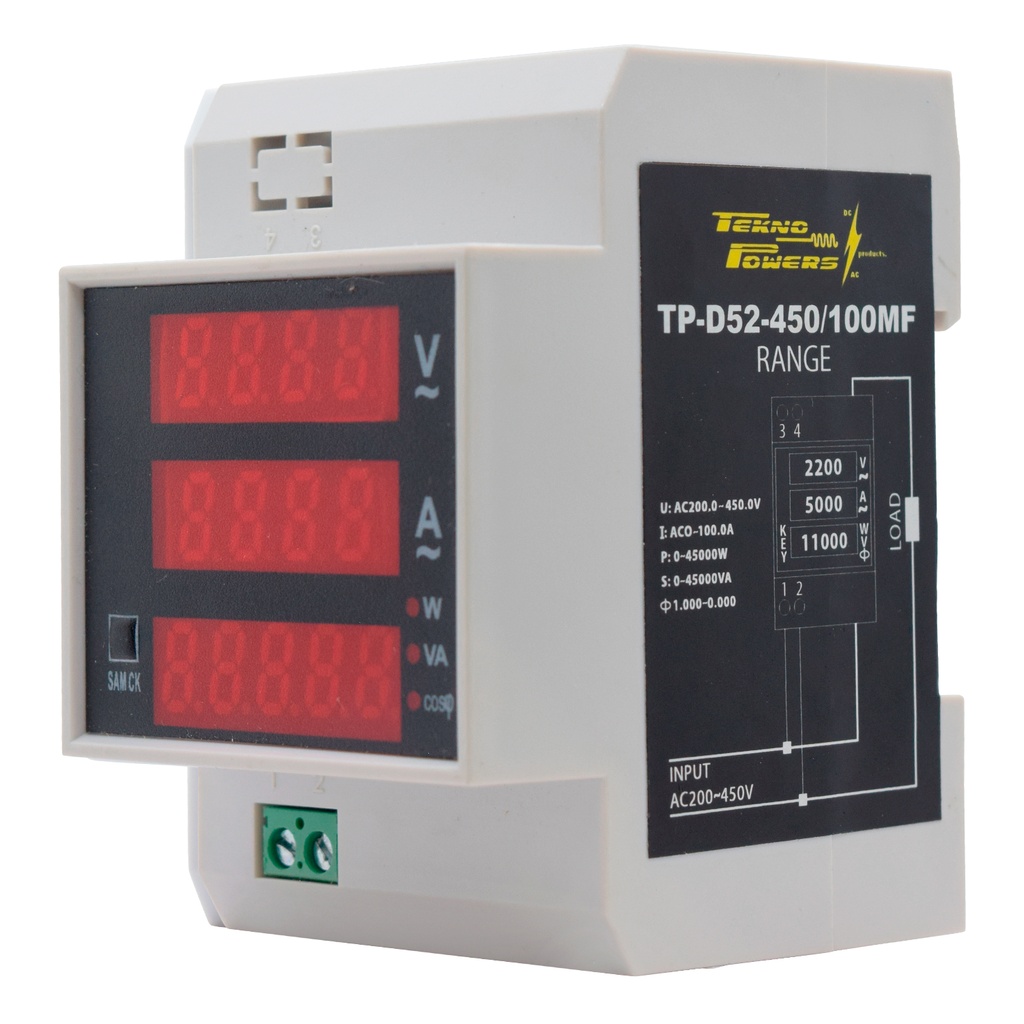 TP-D52-450/100MF — MEDIDOR DIGITAL VOLT/AMP, 220-450VCA/100A, HOROMETRO, MONTAJE EN RIEL DIN, W, KWH, TIMER, FACTOR DE POTENCIA, 30 KW, 99999KWH, FP 0-1, 999.59H