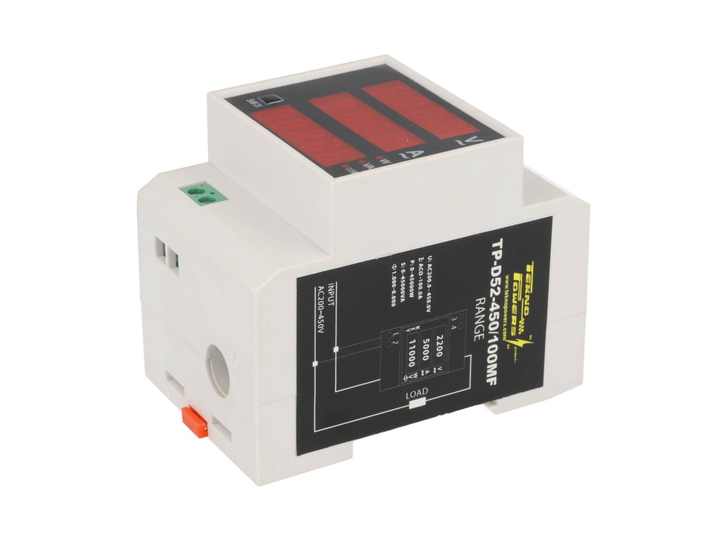 TP-D52-450/100MF — MEDIDOR DIGITAL VOLT/AMP, 220-450VCA/100A, HOROMETRO, MONTAJE EN RIEL DIN, W, KWH, TIMER, FACTOR DE POTENCIA, 30 KW, 99999KWH, FP 0-1, 999.59H