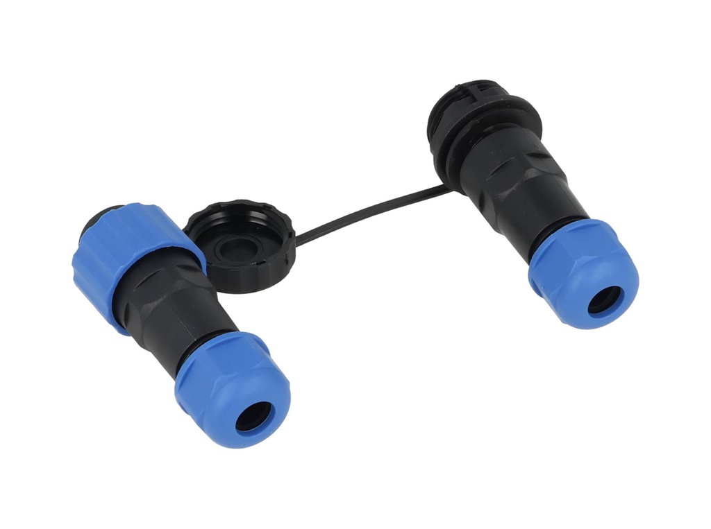 TP-SP16-S2P — CONECTORES EXTENSION/RECTO (PAR) 2 PINIMPERMEABLES IP68, 5A/250VCA DIAMETRO DE BARRENO 16mm, PIN COBRE CHAPEADO EN DORADO/PLATEADO