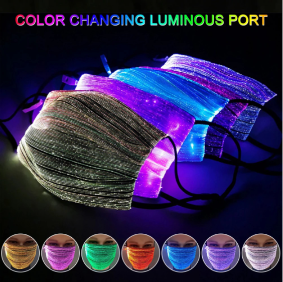 CUBREBOCA LED — CUBRE-BOCA NOCTURNO DE FIBRA OPTICA CON 7PROGAMAS DE PARPADEO LED DE COLORES. CARGA EN 2HRS.CON USO DE + DE 5HRS, INCLUYE FILTRO Y CABLE DE CARGA.