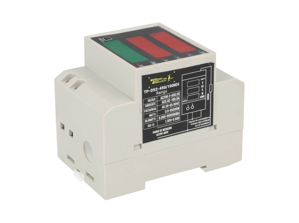 TP-D52-450/100KH — MEDIDOR DIGITAL VOLT/AMP, 200-450V/100A MONTAJE EN RIEL DIN, COSENO DE Fi, V, Hz, A, KWH, W, C/DONA INT. Y EXT.
