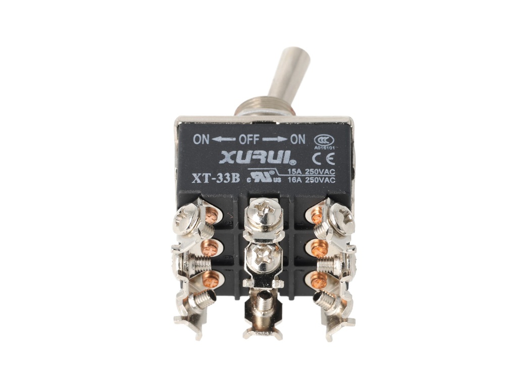 XT-33B — INTERRUPTORES DE PALANCA 9 TORNILLOS, Número de polos: 3  Posiciones: ON-OFF-ON  Capacidad: 20/15A  125/277VAC  2HP 125/277VAC 1.5HP   125/277VAC para un pulso momentaneo Montaje: Diametro 12mm Certificados: UL1054    E200089