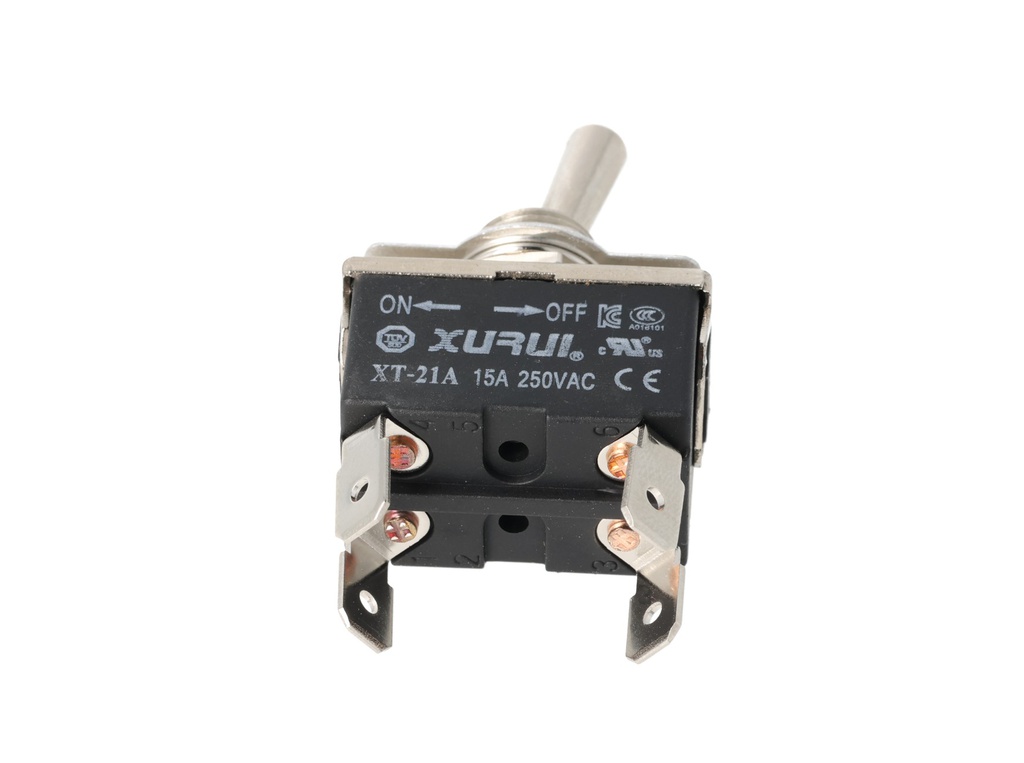 XT-21A — INTERRUPTORES DE PALANCA 4 TERMINALES, Número de polos: 2  Posiciones: ON-OFF  Capacidad: 20/15A  125/277VAC 2HP 125/277VAC 1.5HP   125/277VAC para un pulso momentaneo Terminales: 4 lenguetas de 6.3mm Montaje: Diametro 12mm Certificados: UL1054    E200089