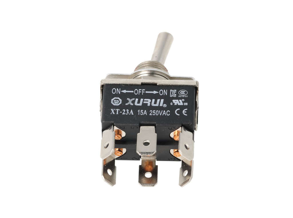 XT-23A — INTERRUPTORES DE PALANCA 6 TERMINALES, Número de polos: 2  Posiciones: ON-OFF-ON  Capacidad: 20/15A  125/277VAC  2HP 125/277VAC1.5HP   125/277VAC para un pulso momentaneo Terminales: 6 lenguetas de 6.3mm  Montaje: Diametro 12mm  Certificados: UL1054    E200089
