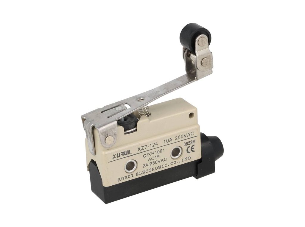 XZ7-124 — MICROSWITCH MINIATURA PALANCA LARGA Y, ROLDANA PLASTICA UNIDIRECCIONAL, 1NA+1NC, 10A 250V