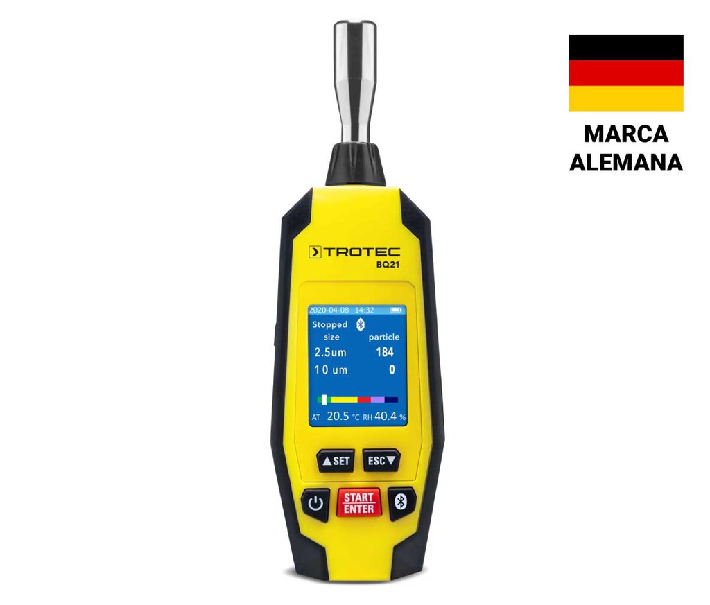 BQ21 — CONTADOR DE PARTICULAS POR BLUETOOTH® CON APP PARA TELÉFONO REGISTRO Y EVALUACIÓN DE CARGA DE PARTÍCULAS FINAS POLVO DE CLASE E (PM10) Y POLVO DE CLASE A (PM2.5)