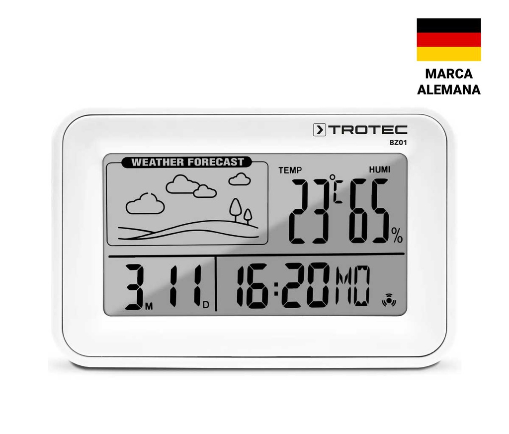 BZ01 — TERMOHIGROMETRO ESTACION METEOROLOGICA CON ALARMA DESPERTADORA, RANGO DE MEDICION -10-50 °C, FORMATO 12/24H