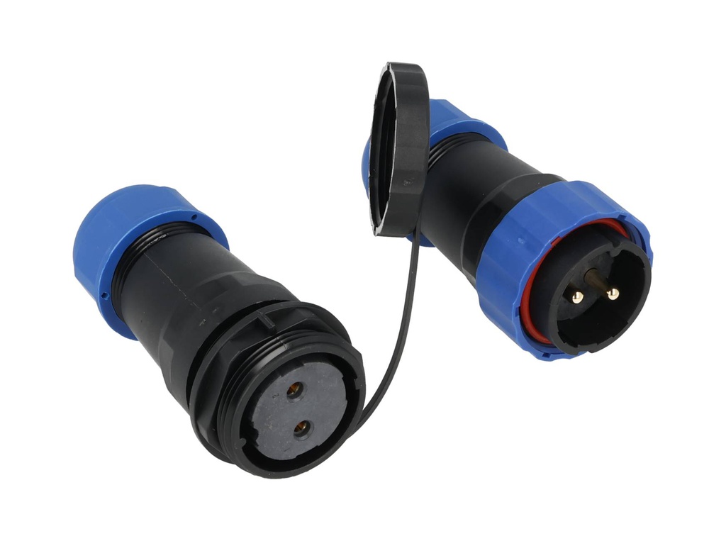 TP-SP28-S2P — CONECTORES EXTENCIÓN RECTO (PAR) 2 PIN IMPERMEABLES IP68, 45A / 250VCA DIÁMETRO DE BARRENO 28MM, PIN COBRE CHAPEADO EN DORADO/PLATEADO