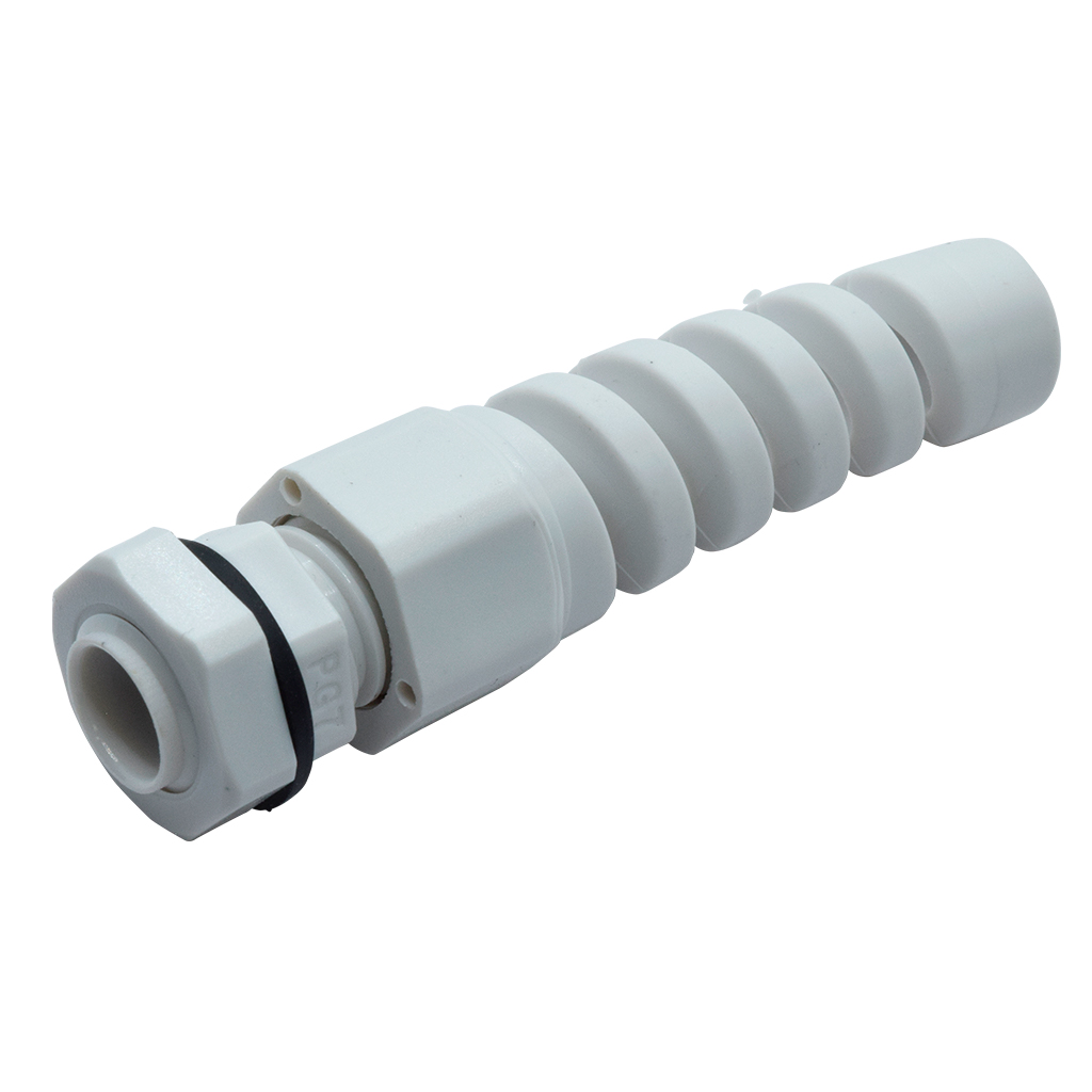 CGF-PG9 – CONECTOR GLANDULA BLANCO CON ESPIRAL PG9 8MM/16 POLIAMIDA, INCLUYE TUERCA Y SELLO, BARRENO 19/32