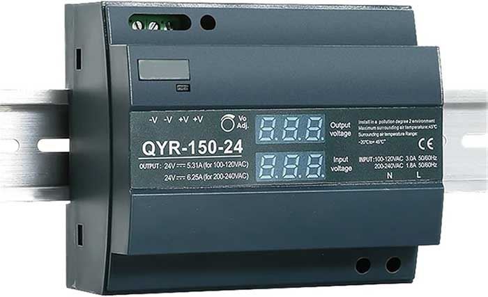 TPSRH-150-24 – FUENTE DE VOLTAJE HORIZONTAL CON DISPLAY PARA RIEL DIN 24VCD 100-240VCA, 5.3A (120VCA), 6.25 (220VCA) 10.3X9X6CM