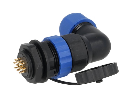 [TP-SP20-AP10P] TP-SP20-AP10P — CONECTORES PANEL/ANGULO (PAR) 10PIN, IMPERMEABLES, IP68, 5A/250VCA, DIAMETRO DE BARRENO 20mm, PIN COBRE CHAPEADO EN DORADO/PLATEADO